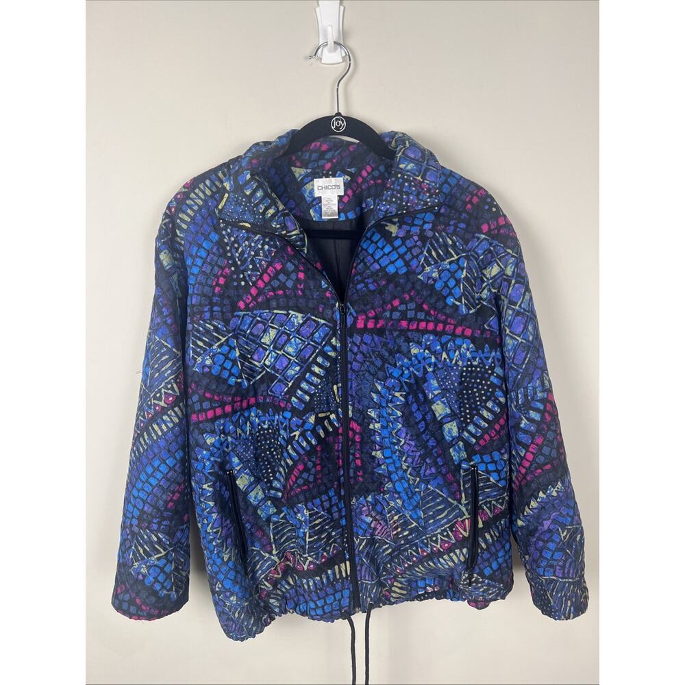 Chicos Geometric Silk Quilted Full Zip Collared Jacket Multicolor Womens‎ Size 1